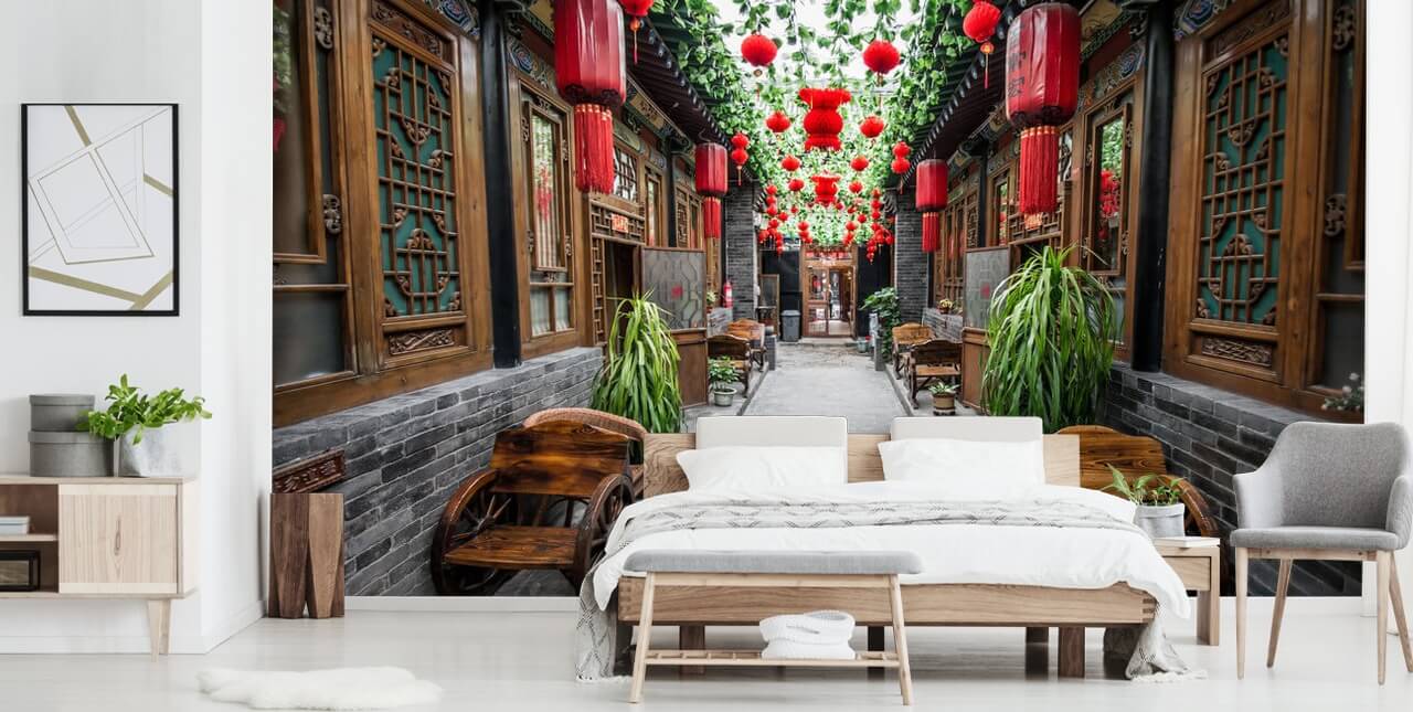 Papel de Parede Pátio Chinês com Lanternas Vermelhas