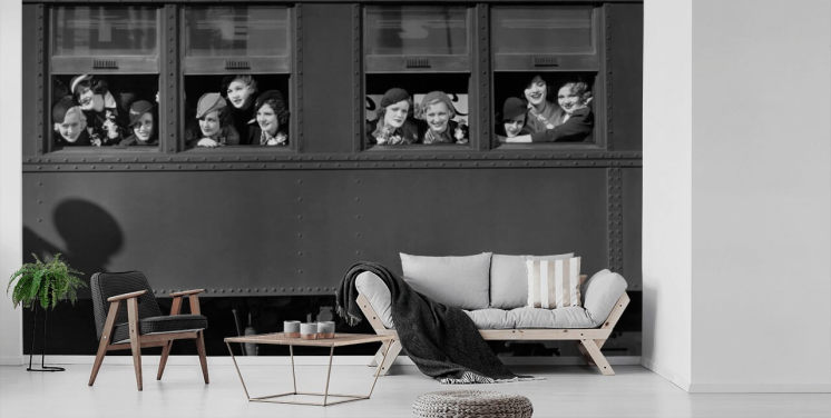 black and white bygone era wallpaper mural called Right Track for residential care home