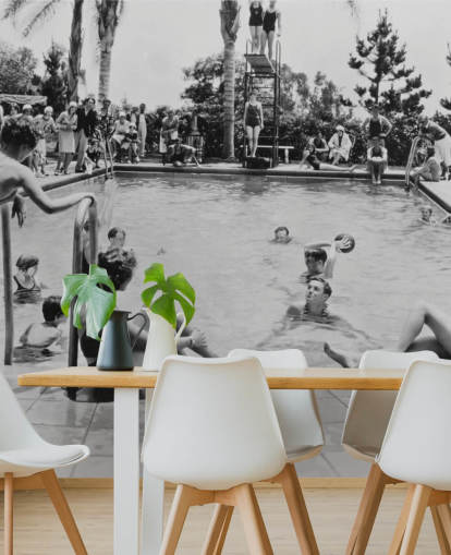 vintage black and white wallpaper mural called Pool Party for care homes vintage black and white wallpaper mural called Pool Party for care homes