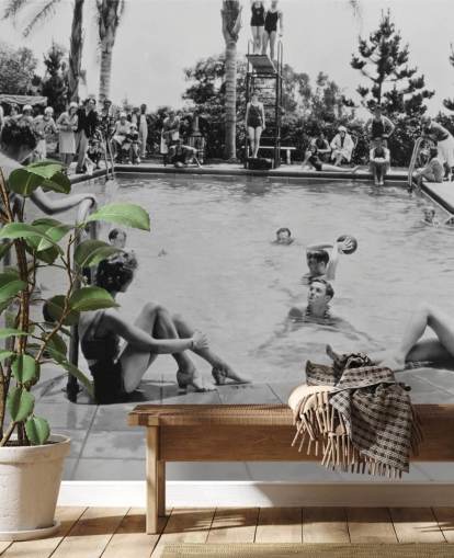 vintage black and white wallpaper mural called Pool Party for care homes vintage black and white wallpaper mural called Pool Party for care homes