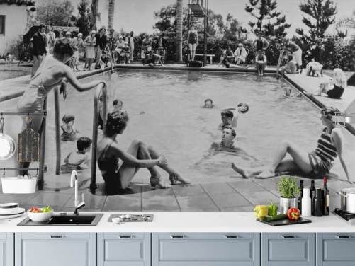 vintage black and white wallpaper mural called Pool Party for care homes