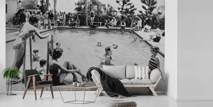 vintage black and white wallpaper mural called Pool Party for care homes