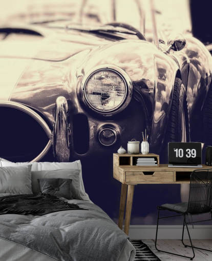 Papier Peint Fresque Voiture de Course Vintage Noir et Blanc Papier Peint Fresque Voiture de Course Vintage Noir et Blanc