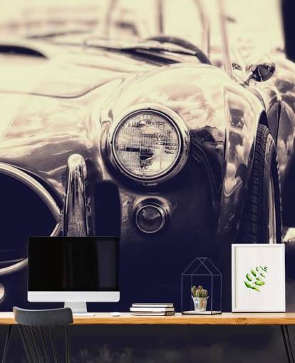 Mustavalkoinen Vintage kilpa-auton seinämaalaus Mustavalkoinen Vintage kilpa-auton seinämaalaus