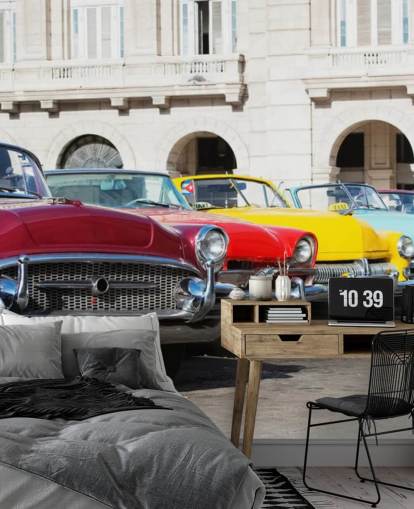 Rivi värikkäitä autoja taustakuva seinämaalaus Rivi värikkäitä autoja taustakuva seinämaalaus