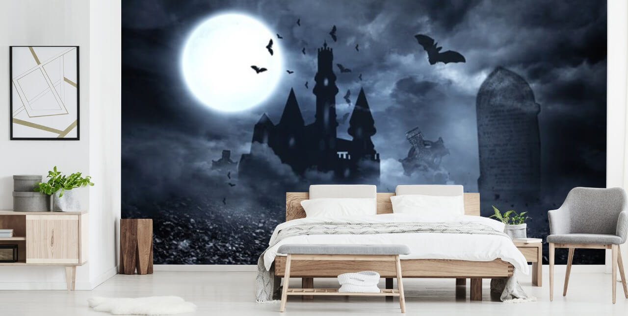 spooky kirkegård og hus tapet