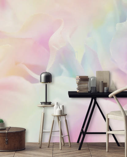 Zoomad i blomma i pastell rosa och blå väggmålning Zoomad i blomma i pastell rosa och blå väggmålning