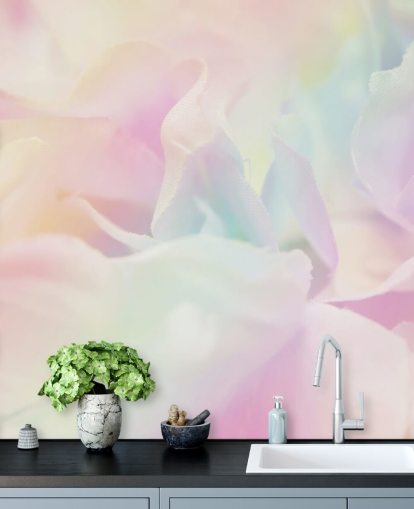 Zoomad i blomma i pastell rosa och blå väggmålning Zoomad i blomma i pastell rosa och blå väggmålning