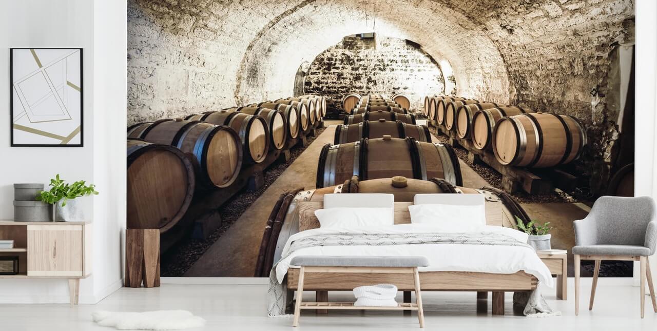 carta da parati murale con vino 3D marrone chiamato Wine Barrels per cucine, cantine e ristoranti