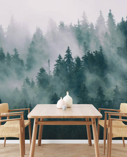 green and white customisable forest wallpaper mural called Smokey Misted Forest for bedrooms green and white customisable forest wallpaper mural called Smokey Misted Forest for bedrooms