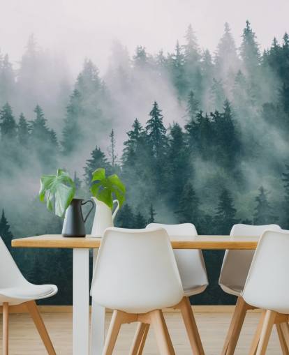 green and white customisable forest wallpaper mural called Smokey Misted Forest for bedrooms green and white customisable forest wallpaper mural called Smokey Misted Forest for bedrooms