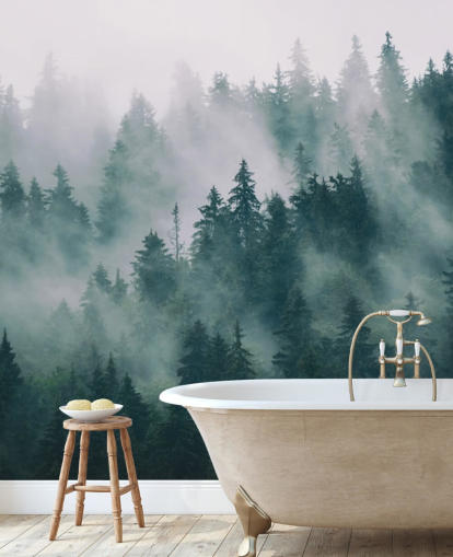 green and white customisable forest wallpaper mural called Smokey Misted Forest for bedrooms green and white customisable forest wallpaper mural called Smokey Misted Forest for bedrooms