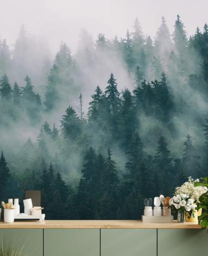 mural de papel de parede florestal personalizável verde e branco chamado Smokey Misted Forest para quartos mural de papel de parede florestal personalizável verde e branco chamado Smokey Misted Forest para quartos