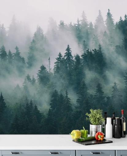 green and white customisable forest wallpaper mural called Smokey Misted Forest for bedrooms green and white customisable forest wallpaper mural called Smokey Misted Forest for bedrooms