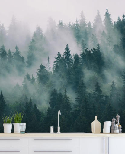 green and white customisable forest wallpaper mural called Smokey Misted Forest for bedrooms green and white customisable forest wallpaper mural called Smokey Misted Forest for bedrooms