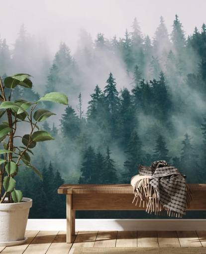 green and white customizable forest wallpaper mural called Smokey Misted Forest for bedrooms green and white customizable forest wallpaper mural called Smokey Misted Forest for bedrooms