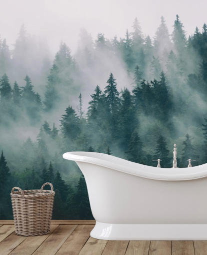 green and white customisable forest wallpaper mural called Smokey Misted Forest for bedrooms green and white customisable forest wallpaper mural called Smokey Misted Forest for bedrooms
