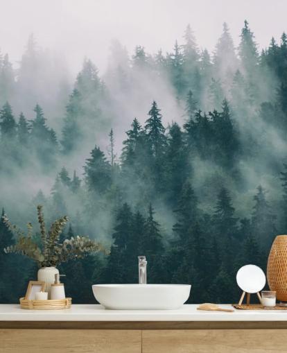 green and white customisable forest wallpaper mural called Smokey Misted Forest for bedrooms green and white customisable forest wallpaper mural called Smokey Misted Forest for bedrooms