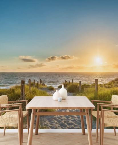 grön och blå strand solnedgång tapetväggmålning som heter Vägen till havet för badrum, kök och hemmakontor grön och blå strand solnedgång tapetväggmålning som heter Vägen till havet för badrum, kök och hemmakontor