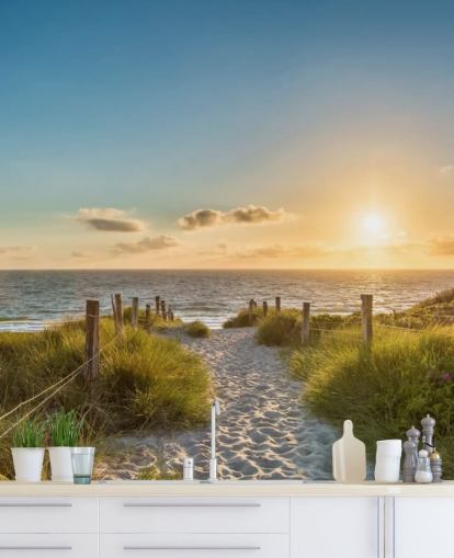 grønn og blå strandsolnedgang tapetmaleri kalt Veien til havet for bad, kjøkken og hjemmekontorer  grønn og blå strandsolnedgang tapetmaleri kalt Veien til havet for bad, kjøkken og hjemmekontorer