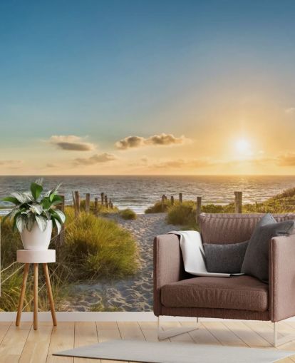 grön och blå strand solnedgång tapetväggmålning som heter Vägen till havet för badrum, kök och hemmakontor  grön och blå strand solnedgång tapetväggmålning som heter Vägen till havet för badrum, kök och hemmakontor
