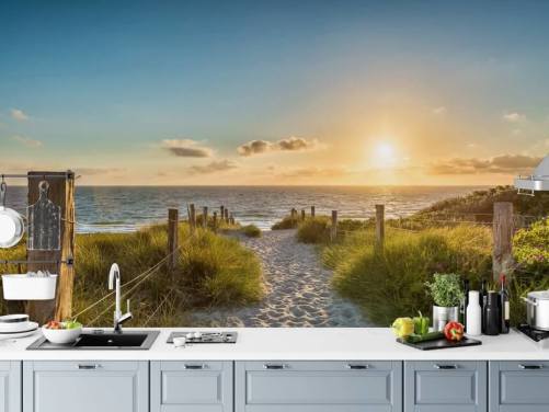 green and blue beach sunset wallpaper mural called The Way to the Sea for bathrooms, kitchens and home offices 