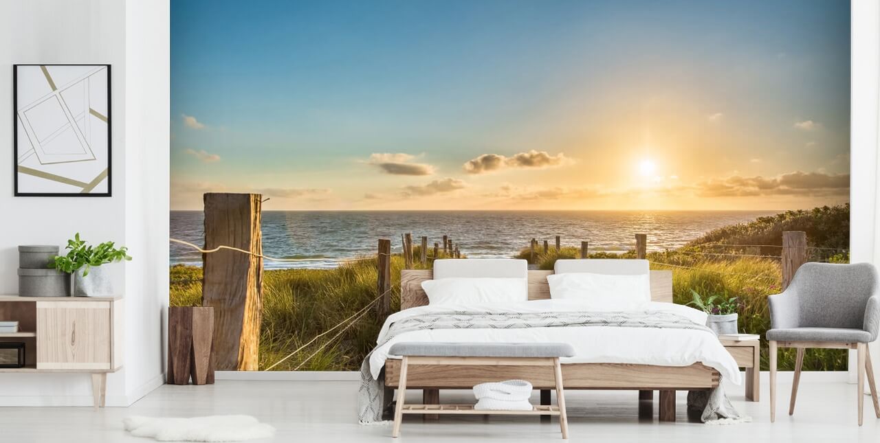 green and blue beach sunset wallpaper mural called The Way to the Sea for bathrooms, kitchens and home offices 