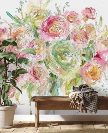 Pink og grøn rose buket vægmaleri Pink og grøn rose buket vægmaleri