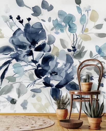 marineblått tilpassbart botanisk tapetmaleri kalt Indigo Garden 2 av Carol Robinson for soverom og salonger marineblått tilpassbart botanisk tapetmaleri kalt Indigo Garden 2 av Carol Robinson for soverom og salonger