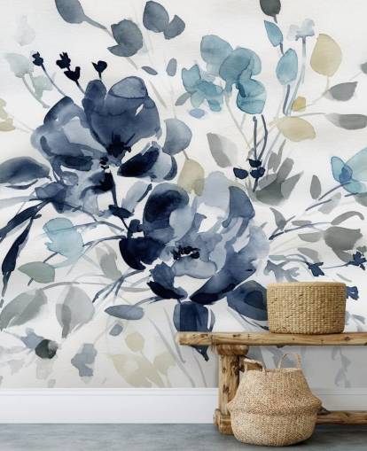 navy blue customizable botanical wallpaper mural called Indigo Garden 2 by Carol Robinson for bedrooms and lounges navy blue customizable botanical wallpaper mural called Indigo Garden 2 by Carol Robinson for bedrooms and lounges