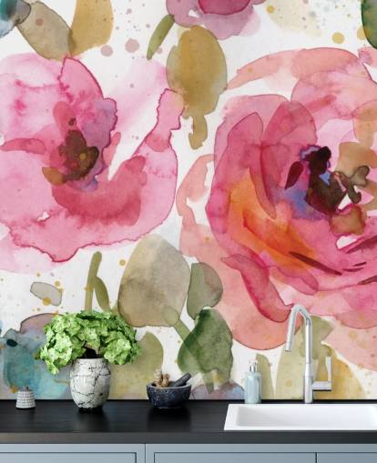 roze rozenmuurschildering genaamd Macro Garden van Carol Robinson voor lounges en slaapkamers roze rozenmuurschildering genaamd Macro Garden van Carol Robinson voor lounges en slaapkamers