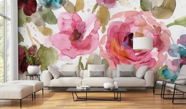 mural de papel de parede rosa chamado Macro Garden de Carol Robinson para salões e quartos