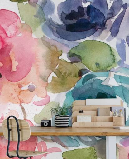 roze en blauwe aanpasbare bloemenbehangmuurschildering genaamd Macro Garden 2 van Carol Robinson voor woonkamers en slaapkamers roze en blauwe aanpasbare bloemenbehangmuurschildering genaamd Macro Garden 2 van Carol Robinson voor woonkamers en slaapkamers