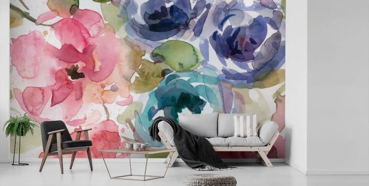 papier peint mural floral personnalisable rose et bleu appelé Macro Garden 2 par Carol Robinson pour les salons et les chambres