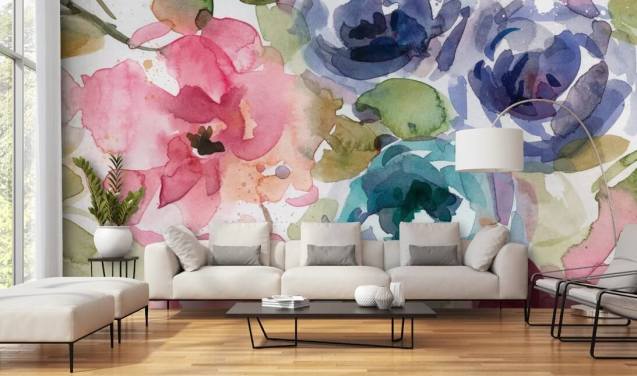 papier peint mural floral personnalisable rose et bleu appelé Macro Garden 2 par Carol Robinson pour les salons et les chambres