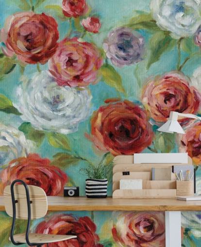 Rote weiße und lila Rosen bemalte Tapete Rote weiße und lila Rosen bemalte Tapete