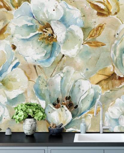 Mural floral de flores azuis e folhas marrons Mural floral de flores azuis e folhas marrons