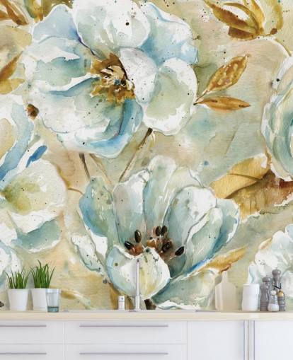 Peinture murale florale de fleurs bleues et de feuilles brunes Peinture murale florale de fleurs bleues et de feuilles brunes