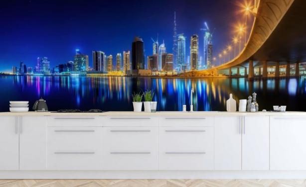 blauw getint dubai city behang