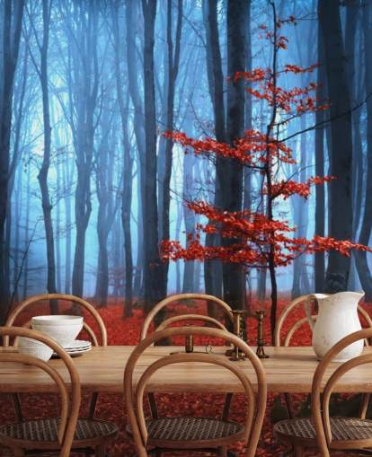 Decorazione murale con foresta autunnale rossa e blu Decorazione murale con foresta autunnale rossa e blu