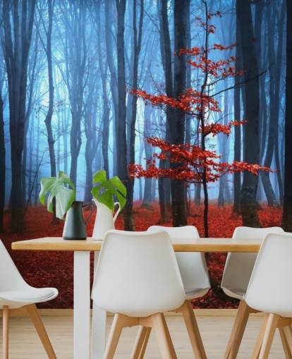 Bright Red and Blue Autumn Forest Mural Bright Red and Blue Autumn Forest Mural