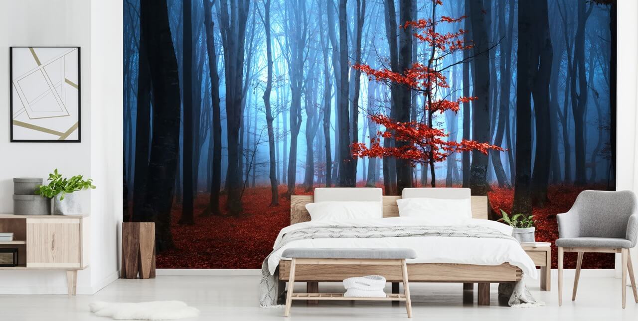 Bright Rød og Blå Efterår Forest Mural