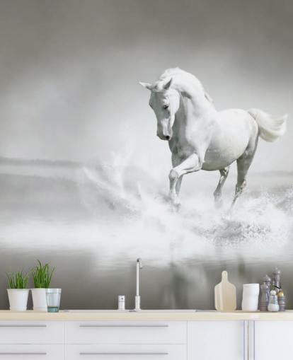 Papel pintado Caballo blanco y negro en la playa Papel pintado Caballo blanco y negro en la playa