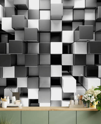 Schwarz-Weiß-3D-Tapeten-Wandbild namens 3D Black and White Blocks für Schlafzimmer und Küchen Schwarz-Weiß-3D-Tapeten-Wandbild namens 3D Black and White Blocks für Schlafzimmer und Küchen