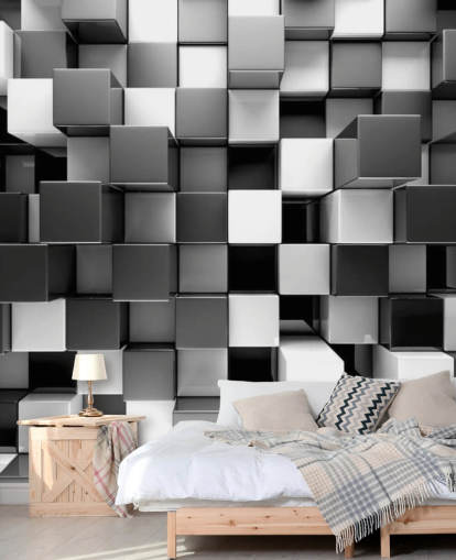 svart og hvitt 3D tapet veggmaleri kalt 3D Black and White Blocks for soverom og kjøkken svart og hvitt 3D tapet veggmaleri kalt 3D Black and White Blocks for soverom og kjøkken