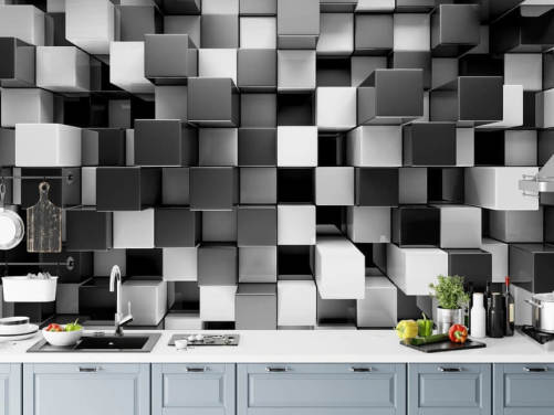 sort/hvid 3D tapet vægmaleri kaldet 3D Black and White Blocks til soveværelser og køkkener