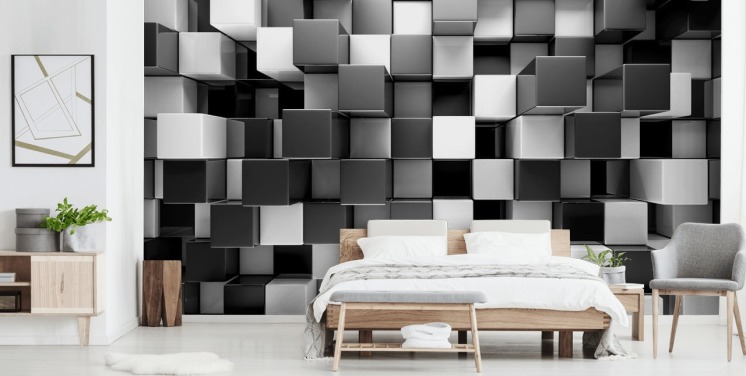 svartvit 3D tapet väggmålning kallad 3D Black and White Blocks för sovrum och kök
