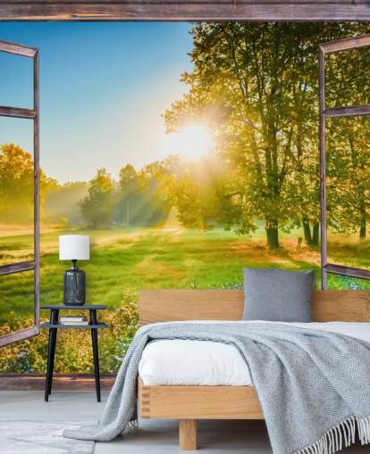 carta da parati murale con facciata verde personalizzata all'alba chiamata Sunrise Window View carta da parati murale con facciata verde personalizzata all'alba chiamata Sunrise Window View