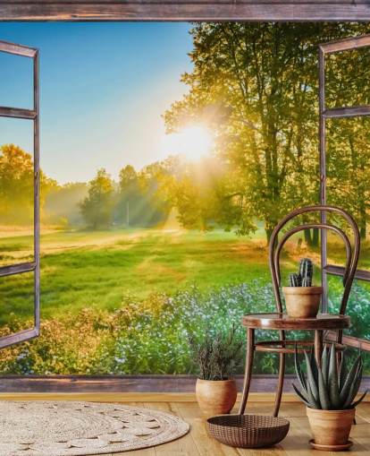 green custom sunrise facade wallpaper mural called Sunrise Window View  green custom sunrise facade wallpaper mural called Sunrise Window View