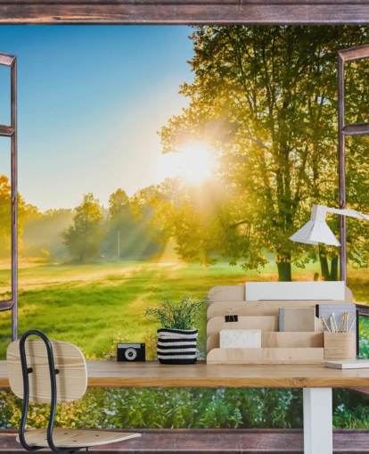 green custom sunrise facade wallpaper mural called Sunrise Window View green custom sunrise facade wallpaper mural called Sunrise Window View